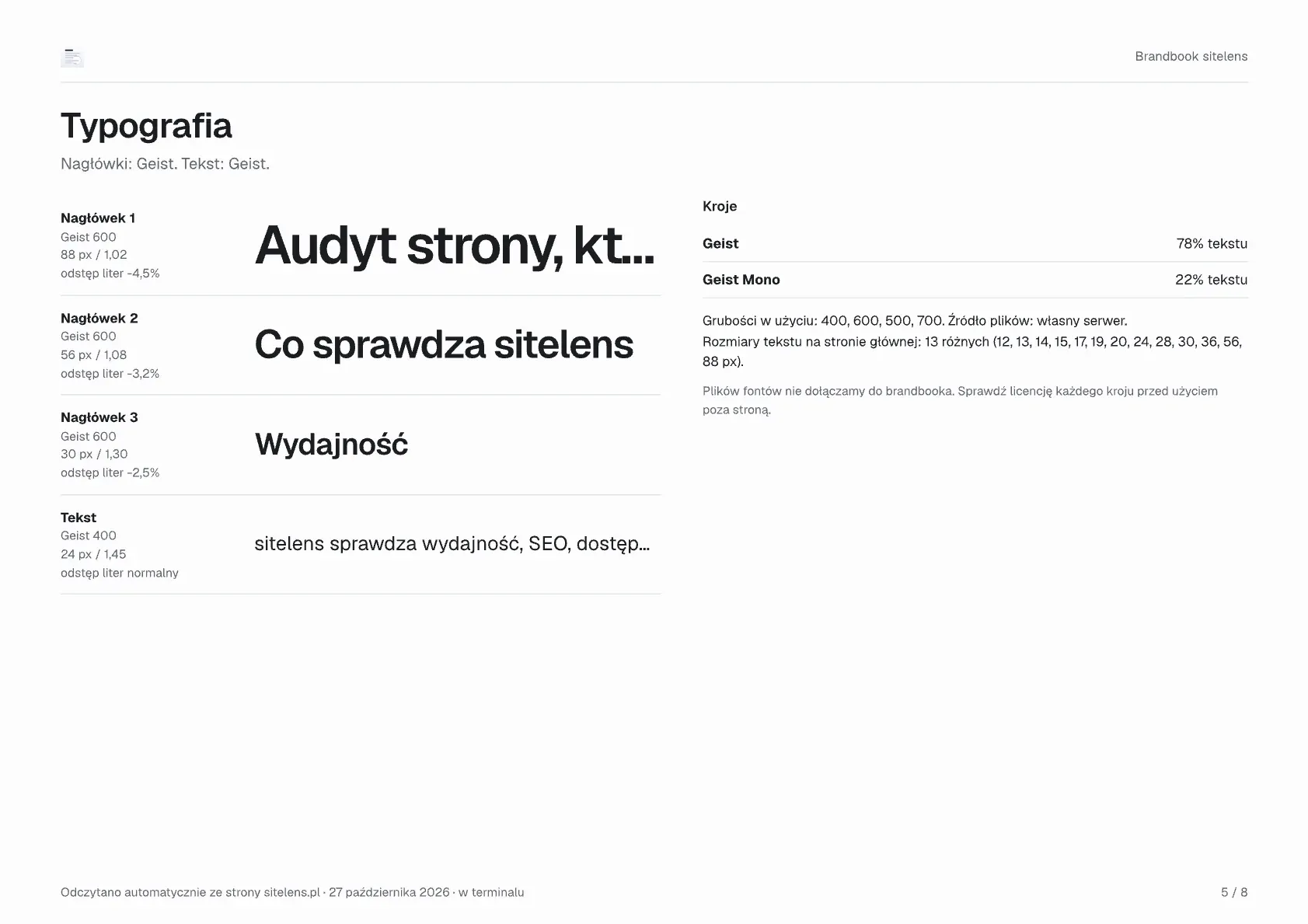 Strona 5 przykładowego brandbooka: Typografia