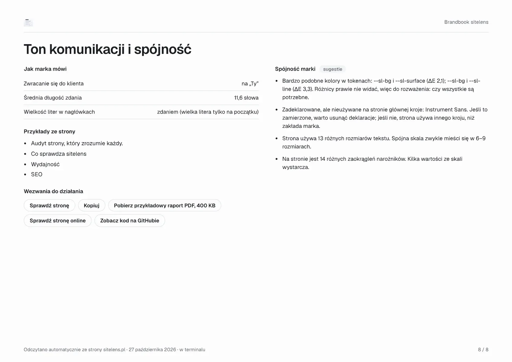 Strona 8 przykładowego brandbooka: Ton komunikacji i spójność