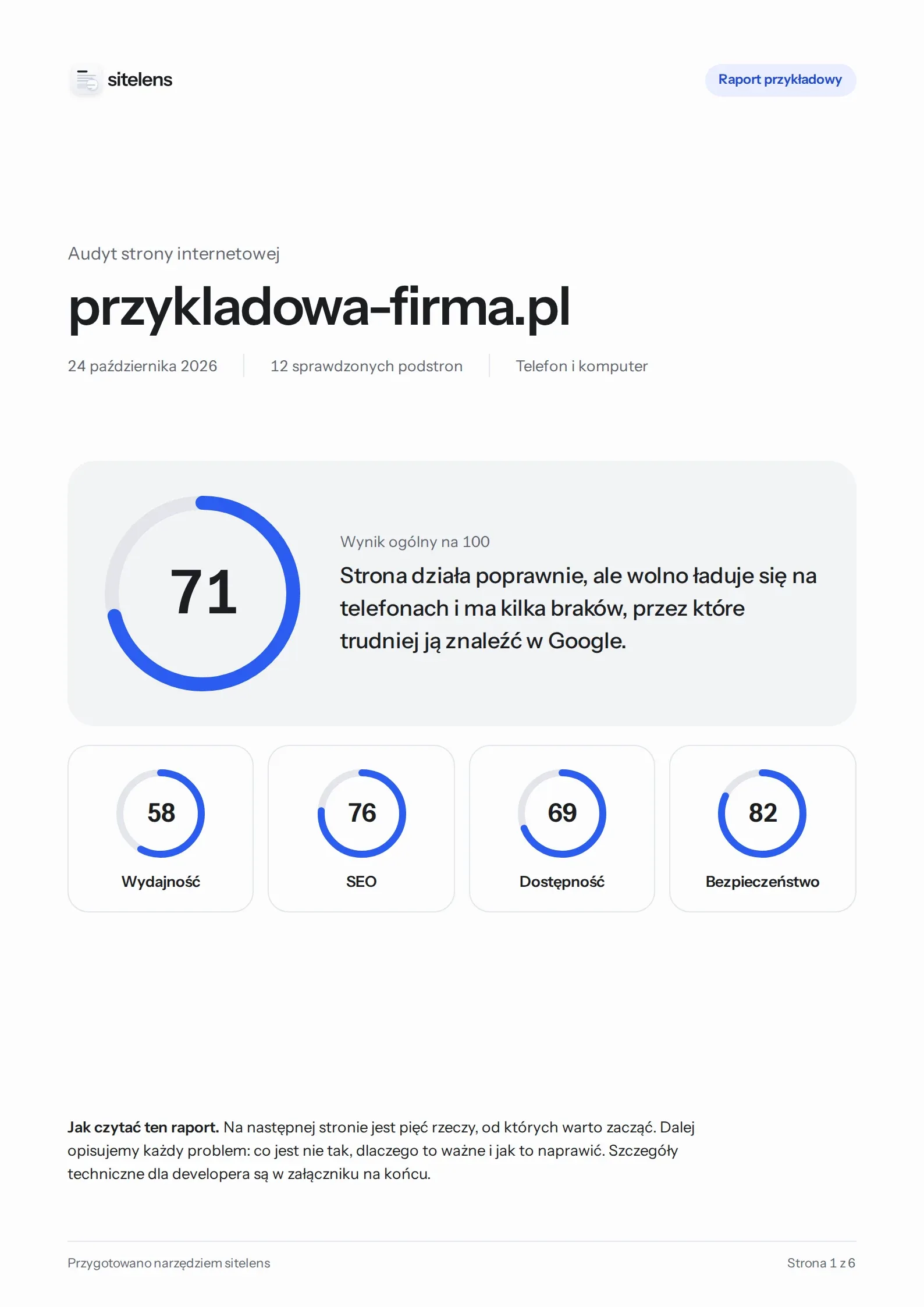 Okładka przykładowego raportu sitelens dla przykladowa-firma.pl z wynikiem ogólnym 71 na 100