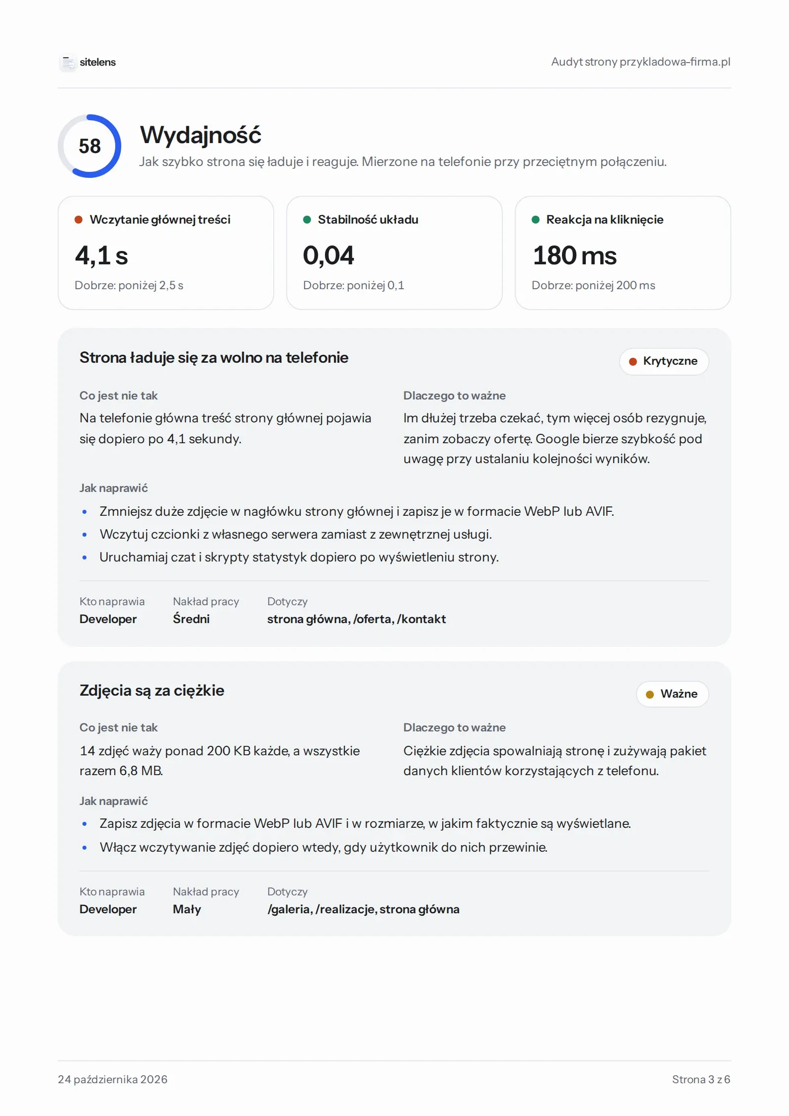 Strona 3 przykładowego raportu: Wydajność
